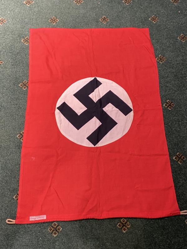 SMALL, DOUBLE SIDED NSDAP FLAG WITH HAMBURG MAKERS LABEL.