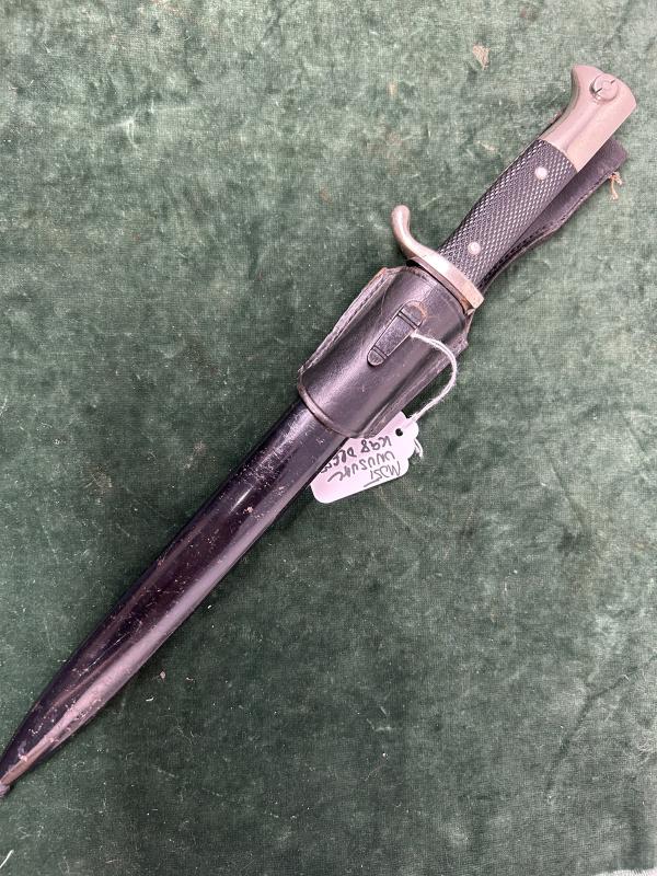 A MINT CONDITION LONG PARADE BAYONET WITH FROG - UNUSUAL MAKER MARKS.