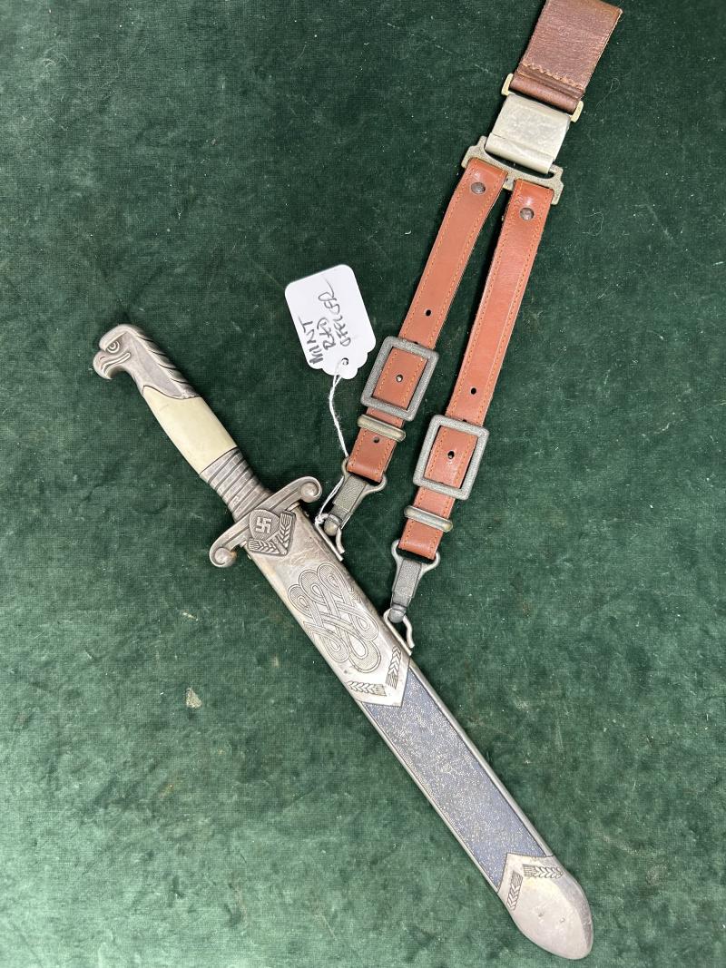 A WONDERFUL RAD OFFICERS DAGGER BY EICKHORN WITH INTACT BLUED SCABBARD PANEL AND RARE BROWN LEATHER HANGERS WITH ILLUSIVE TOP BELT CLIP!!!