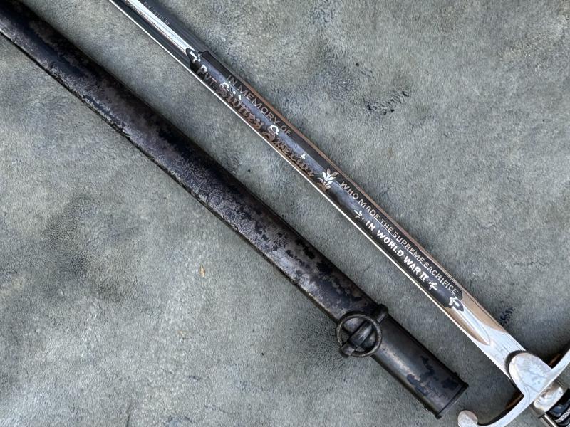 A MOST UNUSUAL THIRD REICH ERA SWORD DEDICATED TO AMERICAN SERVICEMAN IN MEMORIAM.